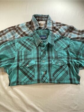 Wrangler Mens M Western Pearl Snap Shirt 2 Lot Wrancher Plaid Short Sleeve Rodeo